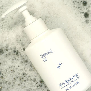 Skinbetter Cleansing Gel for cleansing impurities on sensitive skin sitting in bubbles. 