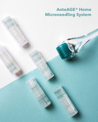 The Anteage Home Microneedling system is used to reduce pore size, reduce wrinkles, discoloration and rebuild collagen with blue and white background. 